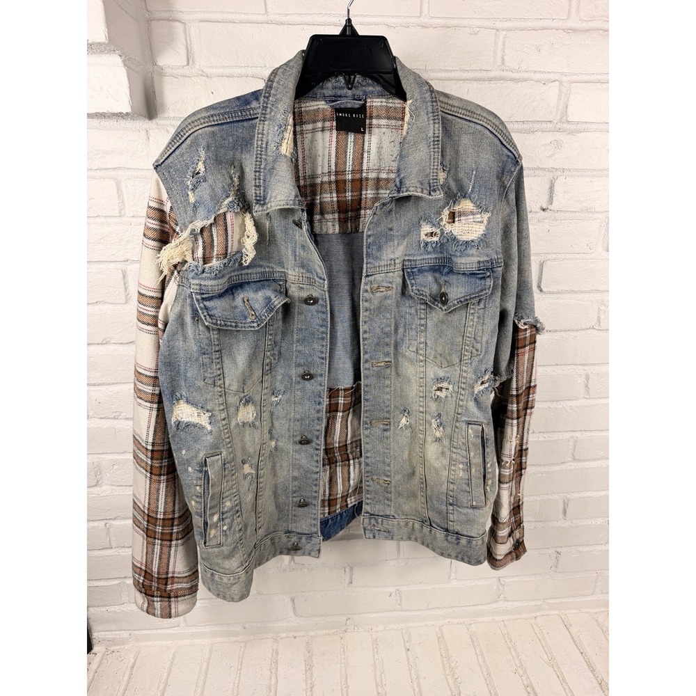 Smoke Rise Mens L Distressed Denim Jacket Plaid Flannel Patchwork Grunge